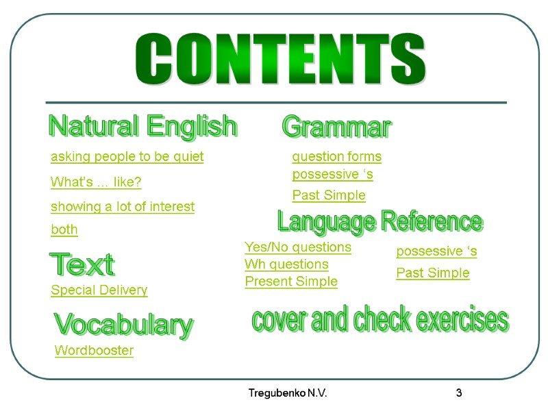 Tregubenko N.V. 3 Natural English Grammar Vocabulary CONTENTS asking people to be quiet What’s